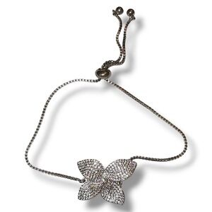 18K White Gold Plated Flower Charm Bolo Bracelet made w Swarovski Crystal Stone